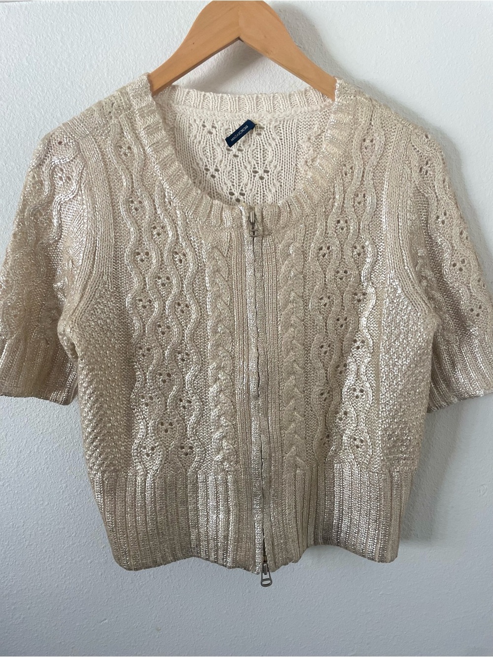 Magaschoni Gold Metallic Cable-Knit Zip Front Sweater Sz. Medium